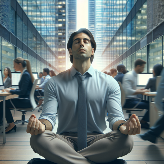 A serene scene of a person meditating in a quiet park