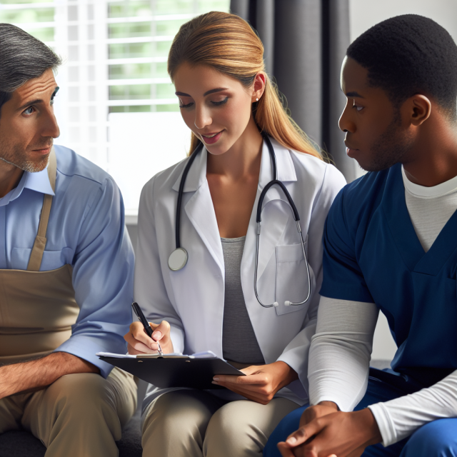 Doctor explaining prostate cancer treatment to a patient and caregiver during a consultation.