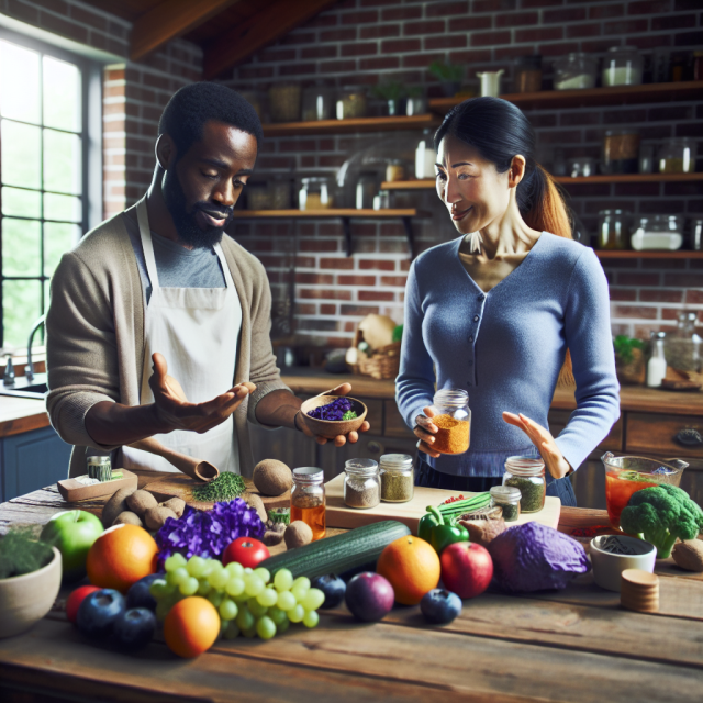 A couple with food in serene setting to manage fibromyalgia symptoms.