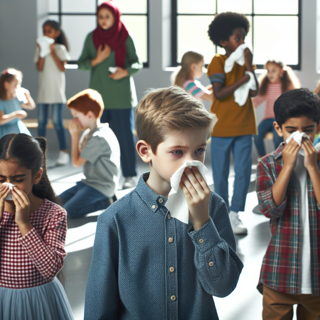 Child with allergic reaction sneezing outdoors.