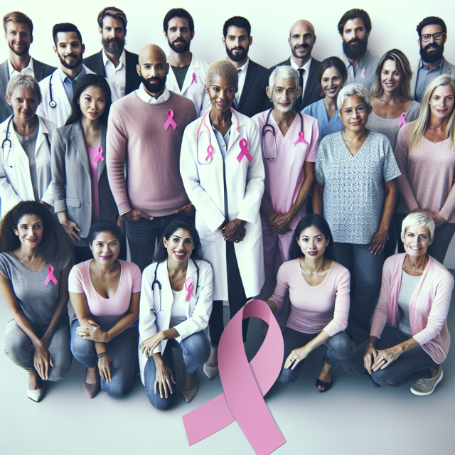 A supportive group wearing pink ribbons