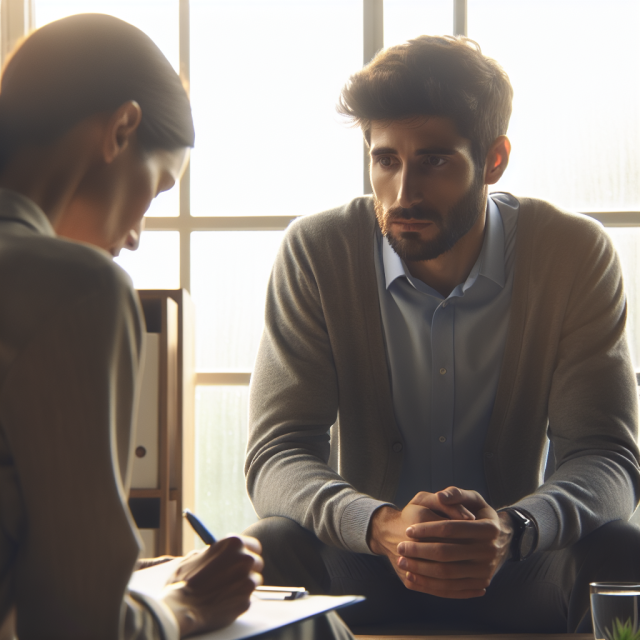 A therapist speaking with a patient about depression treatment options in a calm setting.