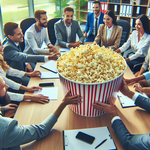 A bowl of popcorn with a concerned person holding their stomach.