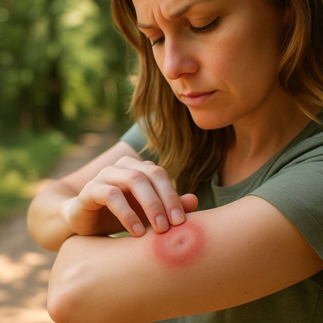 Woman checking skin for tick bite symptoms related to Lyme disease