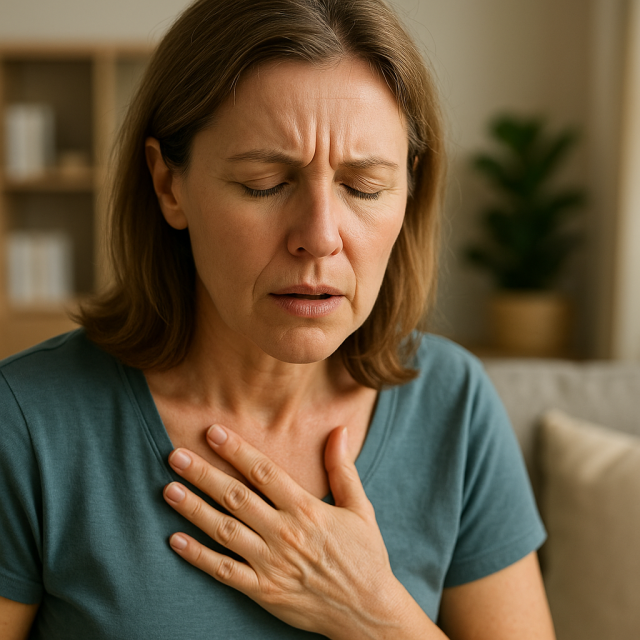 Man holding his chest and throat due to acid reflux symptoms