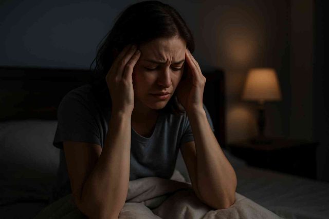 Woman with chronic illness holding head in pain during nighttime flare
