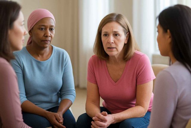 Women in breast cancer support group talking and listening with care