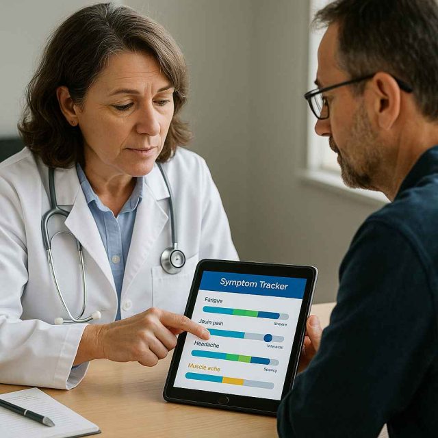 Healthcare provider and patient using tablet to manage chronic illness symptoms together