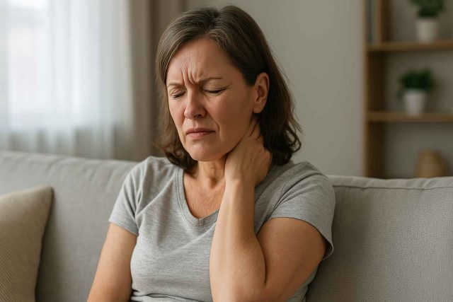 Woman experiencing fibromyalgia symptoms in a home setting