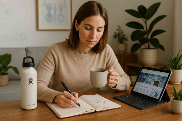 Woman journaling and evaluating her health symptoms at home