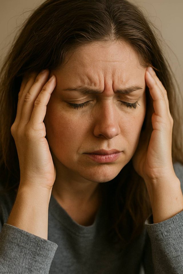 Female adult showing common anxiety symptoms at home.