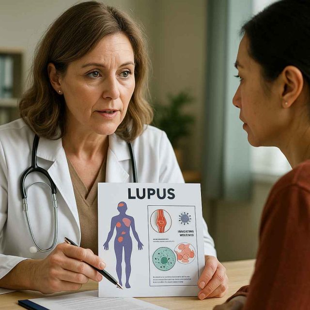 Doctor showing a patient educational materials about Lupas and immune system health