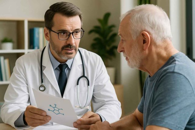 Doctor reviewing prostate cancer treatment research with patient in medical office.