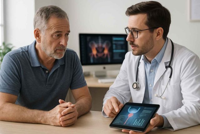 Doctor consulting patient about prostate cancer symptoms in clinic