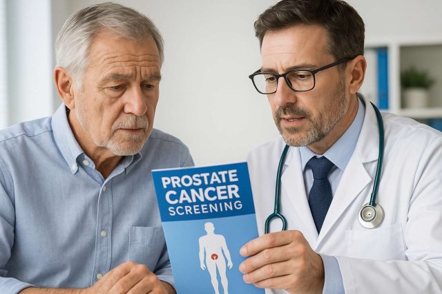 Doctor and patient discussing prostate cancer screening steps during office visit.
