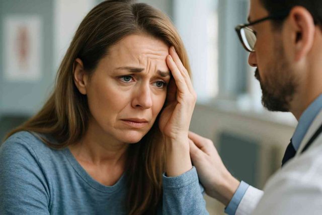 Anxious woman speaking with a doctor about fear of medical visits