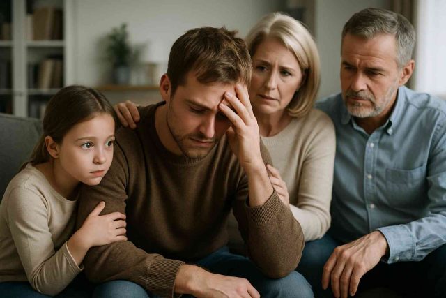 Family comforting a loved one living with depression