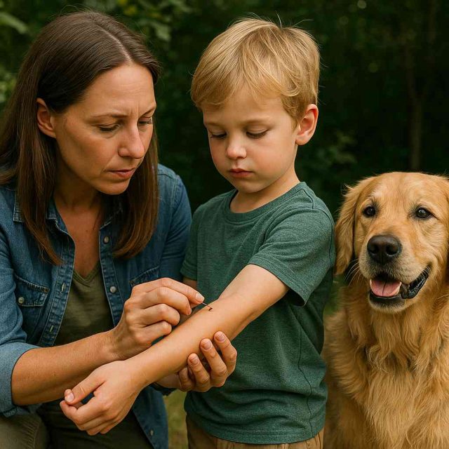 Family checking child and pet for ticks to prevent Lyme Disease