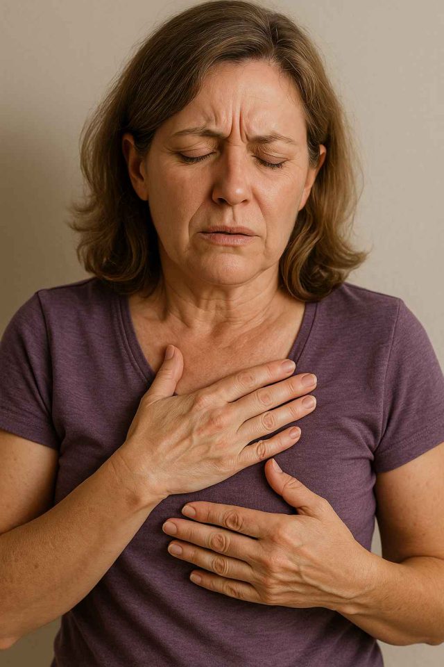 Person with acid reflux and heartburn holding chest