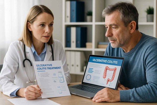 Doctor and patient reviewing ulcerative colitis treatment options in 2025