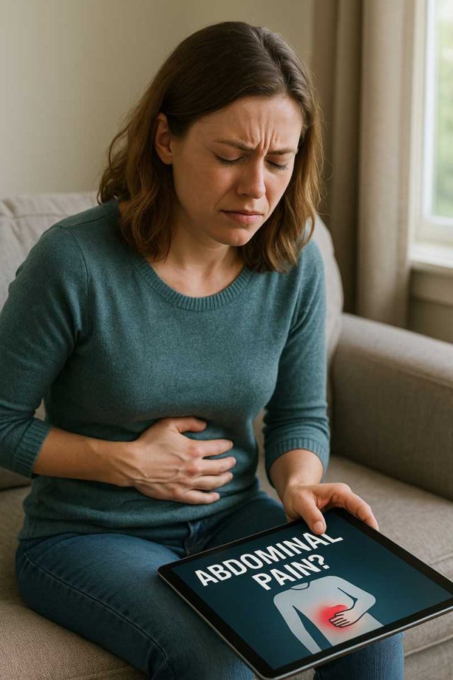 A person sitting at home researching abdominal pain
