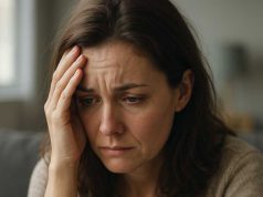 Woman sitting on the floor meditating in a bright room.