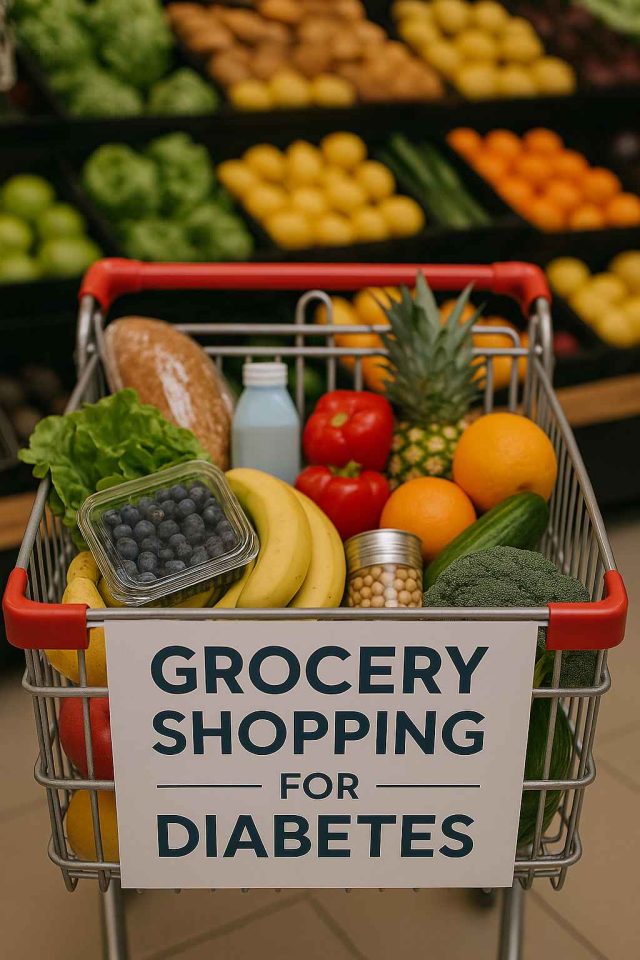 Woman reading food label in grocery store for diabetic diet.