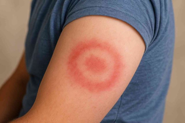 Lyme disease bull’s-eye rash on skin with red outer ring