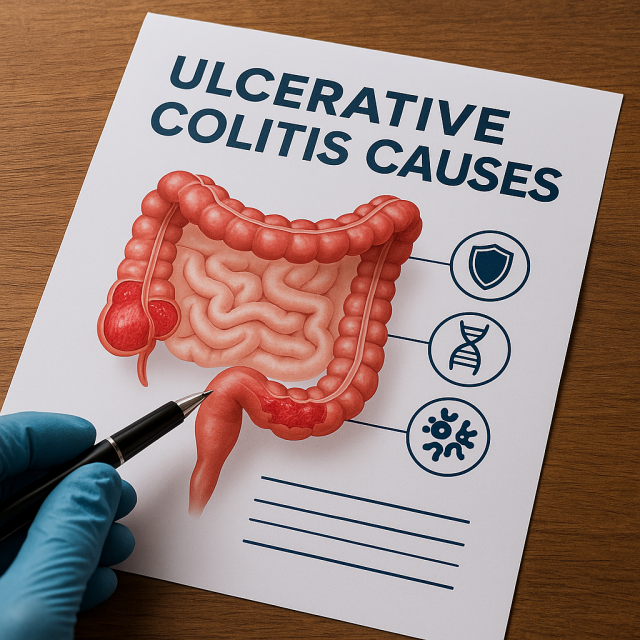 Illustration showing ulcerative colitis inflammation in the colon.