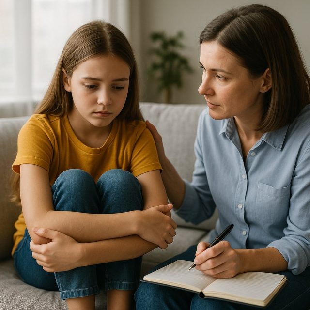 Child receiving anxiety therapy in a professional setting