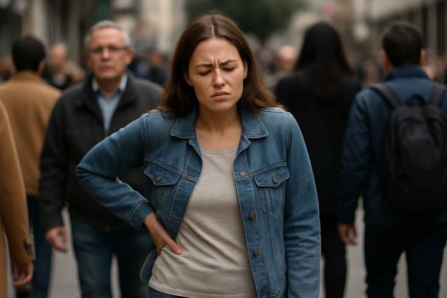Woman experiencing chronic pain in a crowd where no one notices her suffering.