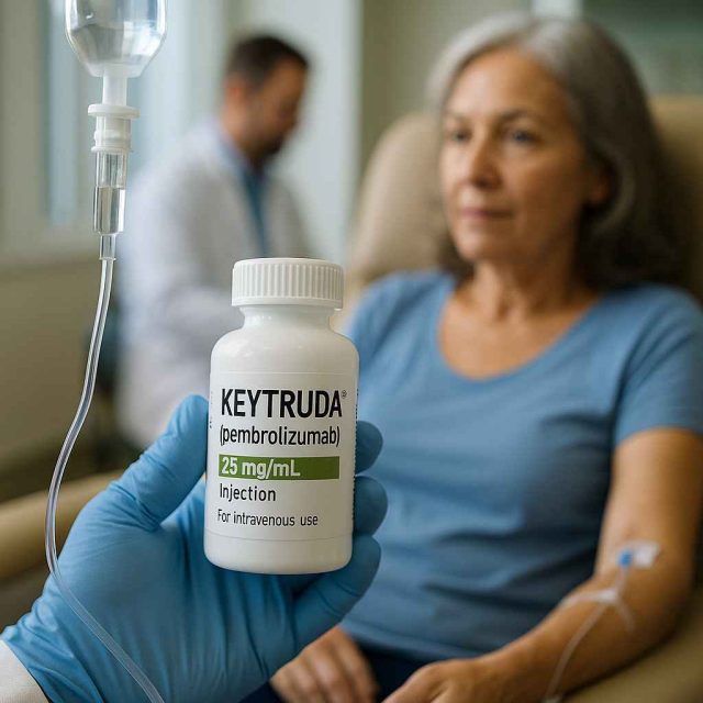 Illustration of Keytruda being administered as part of cancer treatment.